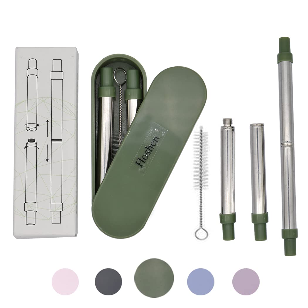 Hoshen Stainless Steel Portable Telescopic Straw, Two-in-One Detachable Telescopic Straw, Detachable, Reusable Straw with Shell, with Cleaning Brush - Green
