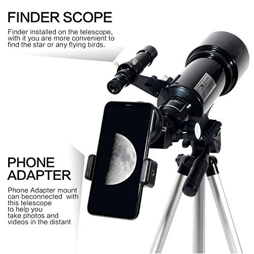 Upchase Astronomisches Teleskop, 400/70mm Refraktor Teleskop Schwarz, Einfach zu Montieren und zu Verwenden, Ideal für Anfänger,Kinder und Erwach für Mond, Planeten und Sternenbeobachtung – Bild 4