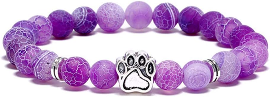 SIVITE Multicolor Weathered Agate Pet Dog Paw Charm Stretch Beaded Bracelet Energy Bangle for Women Men