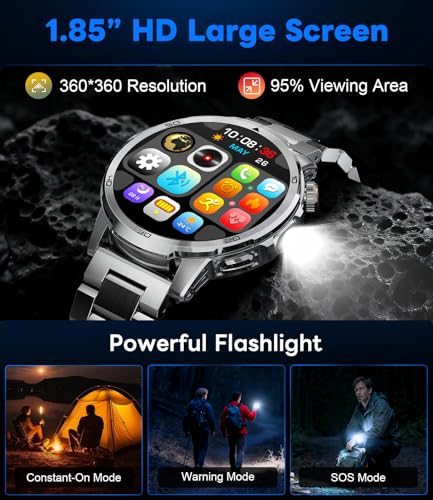 LIGE SMART Men's Smart Watch, Large Screen 1.85"/Bluetooth Call/1000mAh/LED Torch, Men's Smartwatch with Heart Rate/Sleep/IP68/110+ Sports Modes Android iOS, Silver