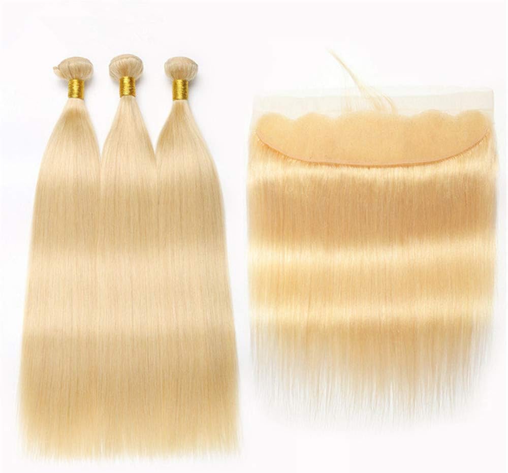 Blonde Hair Extensions Human Hair Brazilian Hair Weave Bundles With Lace Frontal Straight Remy Human Hair 3 Bundles And Frontal Closure (10 10 10 & Frontal10, Blonde / #613)