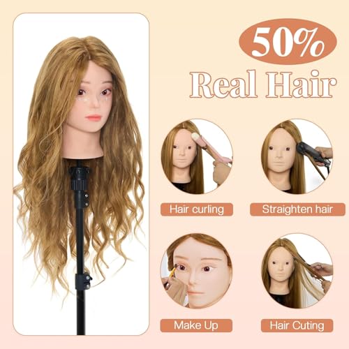 Neverland Hairdressing Head 24 Inches 50% Real Hair Styling Head Mannequin Mannequin Doll for Hairdressing with Stand + DIY Styling Accessories | Hairdressing Mannequin Head with Table Stand and Hair Braids Set