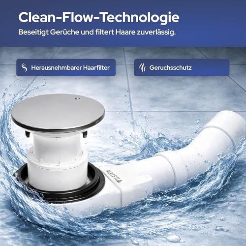 VILSTEIN Shower Tray Siphon, 90 mm Shower Drain with Odour Trap and Hair Strainer, Drain Set Shower