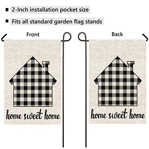 Mogarden Home Sweet Home Garden Flag, Double Sided, 12.5 x 18 Inches, Buffalo Check Plaid Heavy Weatherproof Burlap Yard Flag