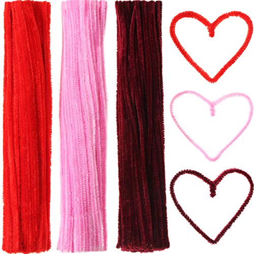 Sumind 300 Pieces Valentine Chenille Stems Pipe Cleaners Fluffy Sticks for Arts and Crafts Valentine Decoration, 6 by 300 mm (Red, Pink and Wine Red)