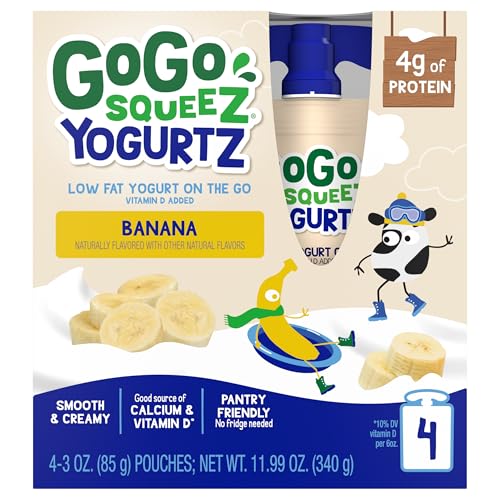 GOGO SQUEEZ YOGURTZ BANANA, 3 OZ (PACK OF 4), KIDS SNACKS MADE FROM REAL YOGURT AND FRUIT, PANTRY FRIENDLY, NO FRIDGE NEEDED, GLUTEN FREE AND NUT FREE, RECLOSEABLE CAP, BPA FREE POUCHES