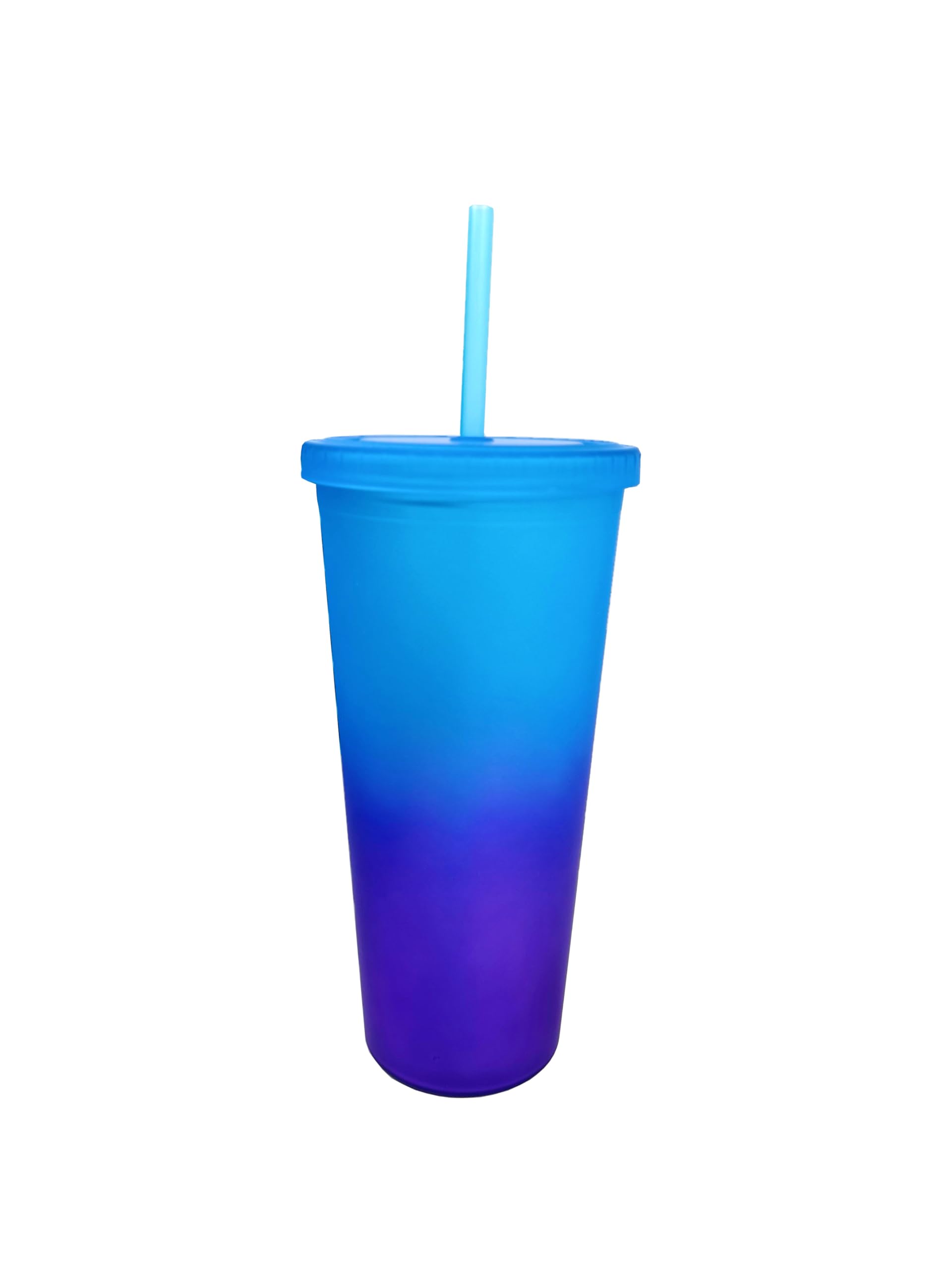 LINDACA 24oz/710ml Double Wall Gradient Colour Reusable Plastic Cup with Lid and Straw (Blue)