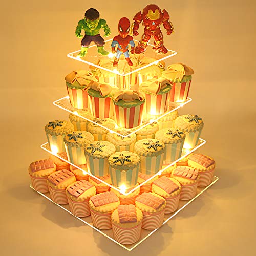 4 Tier Square Acrylic Cupcake Stand, Clear Cake Dessert Display Stand with LED String Lights, Wedding Party Tree Tower Stand