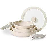 JEETEE Nonstick Frying Pan Set, Non Stick Frying Pans with lid and Detachable Handle, Frying Pan Set with Removable Handle-8 Inch-9.5 Inch-11 Inch, Oven Safe, PFOA Free, Beige
