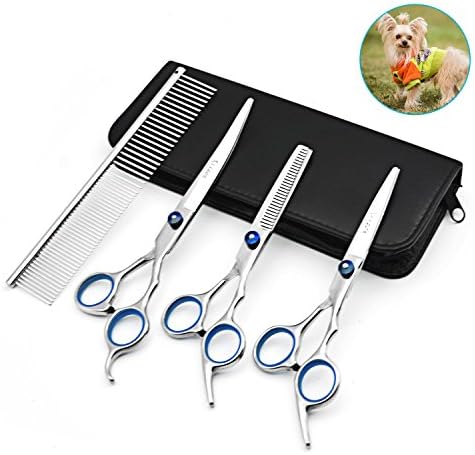 Professional Dog Grooming Scissors Set Tool- Heavy Duty Titanium Thick Coated and 7 Inch Strong Stainless Steel Pet Shears Suit-Cured Thinning Straight Cutting Scissors Kit For Cats/Dogs/More Pets