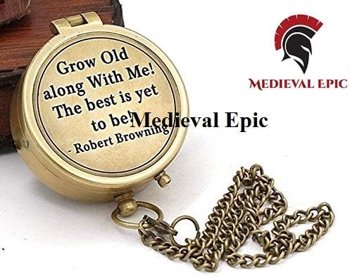 GROW OLD WITH ME ENGRAVED BRASS COMPASS ON CHAIN WITH LEATHER CASE - ENGRAVED GIFTS, CONFIRMATION GIFTS IDEAS, BAPTISM GIFTS, MISSIONARY GIFTS, BIRTHDAY GIFTS