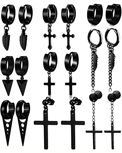 WAINIS 9 Pairs Stainless Steel Dangle Earrings for Men Women Pure Black Hoop Cool Hinged Feather Earrings Set father's day gift