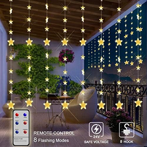 Star Curtain Lights Remote, Jue Rui Christmas Decoration Window Light, 6.5FT Length 4.9FT Width, 144 LED Fairy Light for Indoor Outdoor Christmas Holiday Wedding Party Decoration