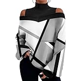 Womens Boho Cold Shoulder Long Sleeve Sweaters Sexy Mock Neck Knit Tops Plaid Geometric Pullover for Women Fall Winter Spring