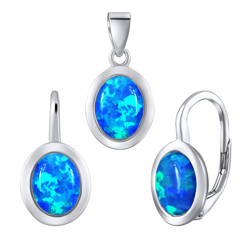 SILVEGO Women's 925 Sterling Silver Oval Jewellery Set with Synthetic Blue Opal Earrings and Pendant