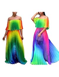 Vestido largo de verano con volantes y hombros descubiertos, para mujer, vestido maxi plisado con arcoíris