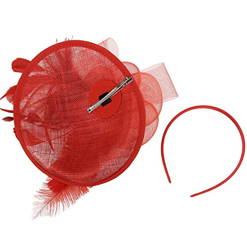 Acecharming Fascinators for Women, Feather Sinamay Fascinators with Headbands Tea Party Pillbox Hat Flower Derby Hats(Red-02)
