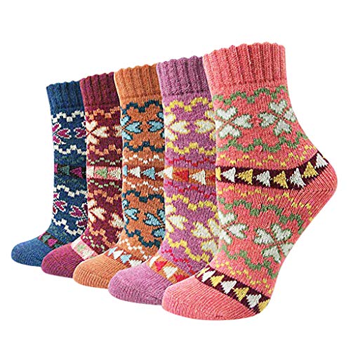 OTTATAT Popular Trendy Women's Socks,5 Pairs Vintage Style Knit Wool Casual Sport Sock Cashmere Thickening Soft Warm Floor Socks Slim Comfort Plaid Stripe Patchwork Pattern Daily Wears Collocation