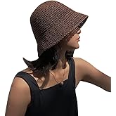 Women Sun Hat Hand-Woven Packable Beach Bucket Hat Summer Floppy UV Protection Hats, Coffee