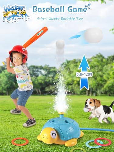 4 in 1 Turtle Water Sprinkler for Kids, Outdoor Toys with Snail Splash, Ring Toss, Baseball Game & Hurdle Play, 360°Roating Spray Summer Fun Backyard Garden Lawn for Toddlers Kids Boys Girl 3-12 Gifts
