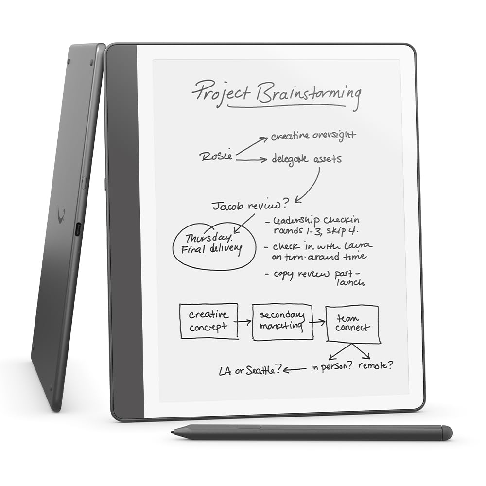 Amazon Kindle Scribe (16 GB) – Redesigned display with uniform borders. Now write directly on books and documents. With built-in notebook summarisation. Includes Premium Pen – Tungsten Grey