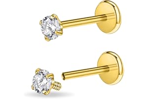 PunkTracker 16g/18g Surgical Steel Internal Thread CZ Stud Piercing Jewelry for Tragus/Nose/Helix/Conch/Medusa/Lip/Labret - Helix Tragus Cartilage Earring for Women Men 2PCS