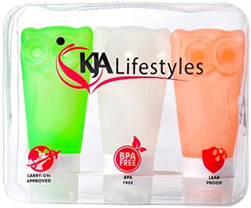 Travel Bottle Set Of 3 By KJA | 3 oz Squeezable Leak Proof Silicone Bottles BPA Free TSA Approved FDA Certified Refillable Containers For Shampoo, Lotion, Conditioner &amp; More | With Clear Toiletry Bag