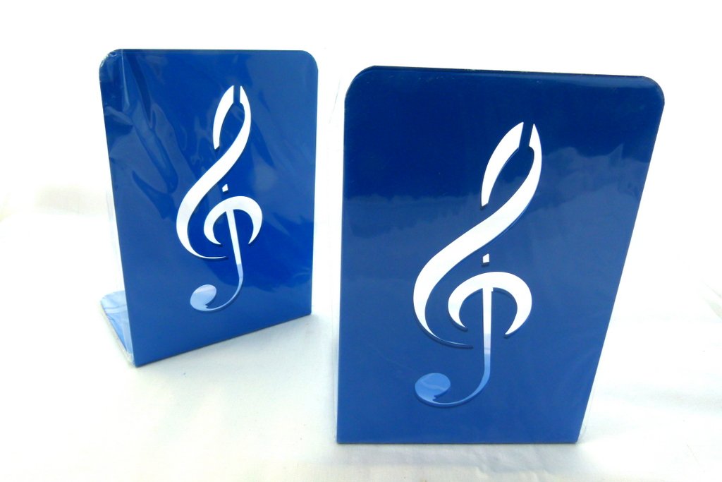 Music Themed Bookend - A Pair of Solid Blue Treble Clef Design Metal Book Stand (2 pieces)