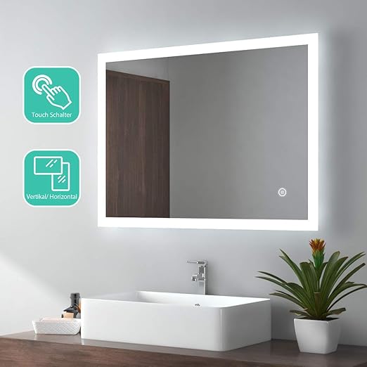 EMKE LED Badspiegel 80x60cm Badezimmerspiegel mit Beleuchtung kaltweiß Lichtspiegel Wandspiegel