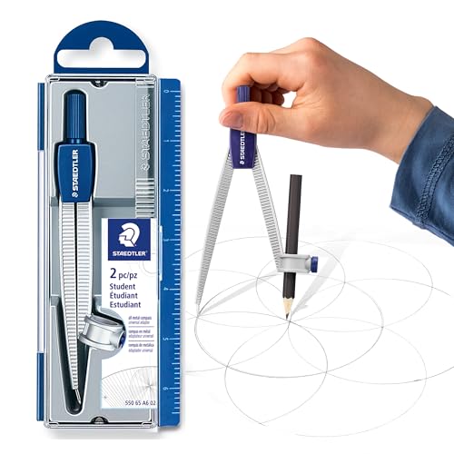 STAEDTLER Metal Drawing Compass, Geometry Tool, 4-7/8in with Safety Point & Universal Adapter, Includes Protective Storage Case with Measurement Guide