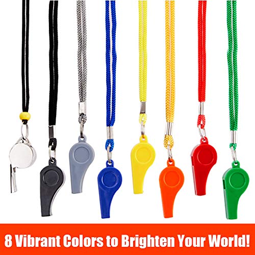 Hipat Whistle with Lanyard, 8 Packs Sports Whistles Bulk, 7pcs Plastic Whistle and 1pcs Stainless Steel Whistle, Loud Crisp Sound Whistle Ideal for Coaches, Referees and Lifeguards