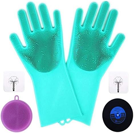 1 Pair Magic Silicone Gloves with Wash Scrubber, Reusable Brush Heat Resistant Gloves Kitchen Tool for Cleaning, Dish Washing, Washing The Car, Pet Hair Care (With 2 Free Wash Brush)