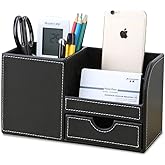 KINGFOM Desk Organizer Office Supplies Caddy Pu Leather Multi-function Storage Box Pen/Pencil,Cell phone, Business Name Cards Remote Control Holder with Small Drawer Black