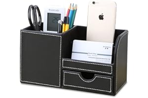 KINGFOM Desk Organizer Office Supplies Caddy Pu Leather Multi-function Storage Box Pen/Pencil,Cell phone, Business Name Cards