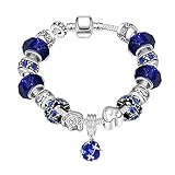 Naivo Designer Inspired Crystal Snake Chain Murano Glass Beads Charm Bracelet, 50 Shades of Love, Sapphire