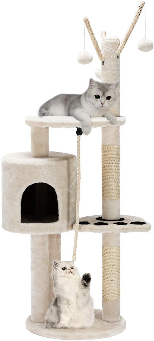 JL Comfurni Cat Play Towers Pet House Trees for Cats with lovely Cat-Claw Board, Beige