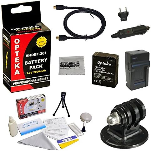 GoPro Hero 3 Replacement Battery Kit, includes 2000mAh 3.7V AHDBT-301 Opteka Battery Pack, GoPro Tripod Mount, Opteka Ba