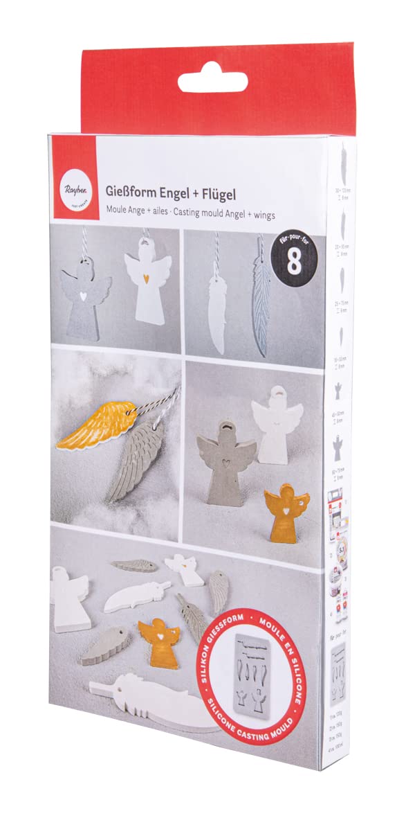 Rayher Silicone Casting Mould with Angel, Wing, and Feather Designs, Casting Tray with 8 Different Shapes for Concrete, Plaster of Paris, and Resin, 26x14.5x1cm, grey, 36115000