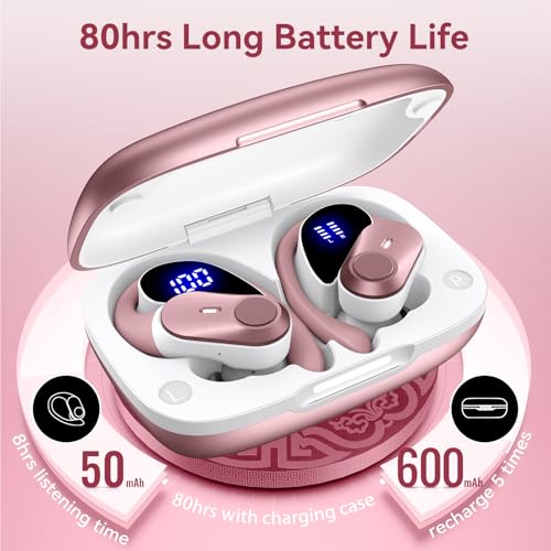 Active Noise Cancelling Ear Buds Wireless Earbuds 80H Playtime Bluetooth Headphones Over Ear Hooks Earphones with Power Display Case Hi-Res Stereo & Clear Calls for Sports Running Gym Workout Rouge