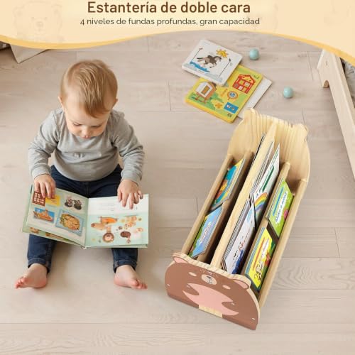 MHJY Children's Wooden Bookcase – Montessori Double-Sided Bookcase with Fabric Pockets, Portable Toy Organizer with Handle, Furniture Storage for Children's Room and Nursery