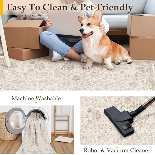 PureCozy Vintage Rugs Living Room 200x300cm Beige Area Rug Machine Washable Non Slip Kids Bedroom Large Carpet Bedside Nursery Lounge Office Playroom Low Pile Carpets