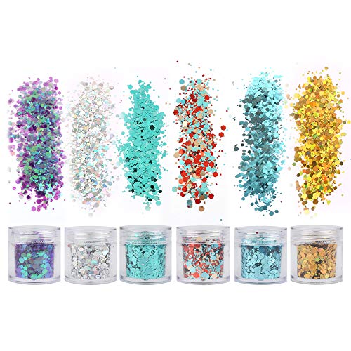 18 Boxes Holographic Cosmetic Festival Chunky Glitters Sequins, Nail Sequins Iridescent Flakes, Cosmetic Paillette Ultra-thin Tips, for Body Face Hair Make Up Nail Art Mixed Color Glitter