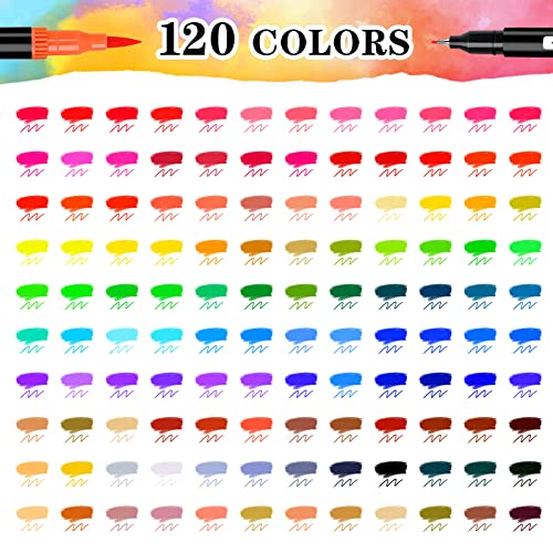 AFXXE 120 Colors Lettering Markers Brush Tips & Double Fine Kit for Girls, Kids and Adults, Professional Watercolour Markers Included 3 Templates