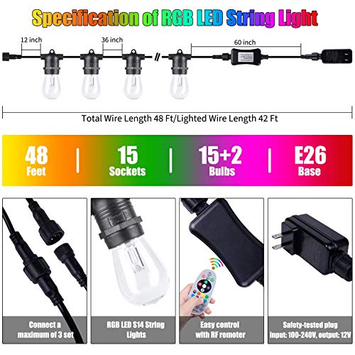 Color Changing String Lights Outdoor/Indoor 48FT RGBW LED Patio