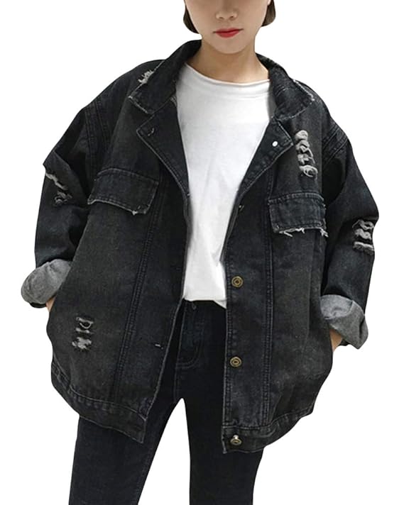 Liangzhu Damen Jeansjacke Loch Zerrissen Kurz Übergangsjacke Leichte Boyfriend Denim Jacke