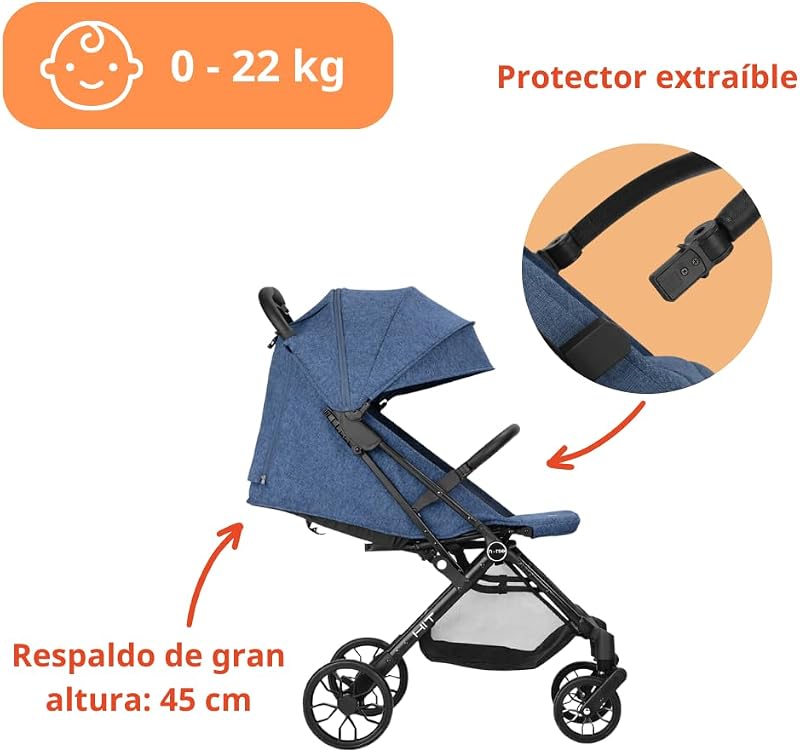 Hit Silla de Paseo Ligera hasta 22 kg, Plegado Compacto con Una Mano, Asa de Transporte, Respaldo Reclinado, Capota Extensible, Azul