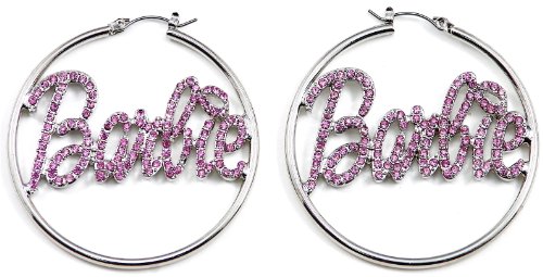 Silver Color Large Hoop Pin Catch Barbie Earrings With All Pink Rhinestones