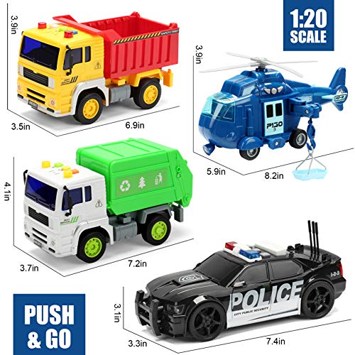Friction Powered Push and Go Truck Toy - Action City Vehicle Play Set Police Car, Garbage Truck, Construction & Emergency Helicopter Toys for Kids, Boys Ages 2 3 4 5 + Push & Pull w/ Lights & Sounds - Thumbnail 6