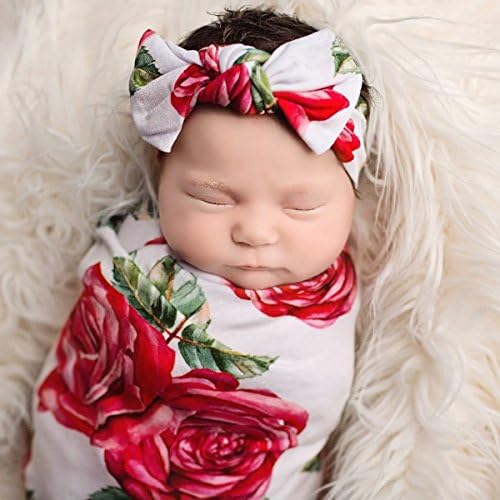 Deacroy Unisex Baby's Swaddle Blanket Soft Warm Receiving Blankets with Headband, Red, 32.3 x 31.5inch