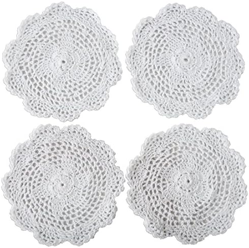 Handmade Crochet Cotton Lace Table Placemats Doilies Round 7.8 inches (20 cm) (Pack of 4 pcs) (White)
